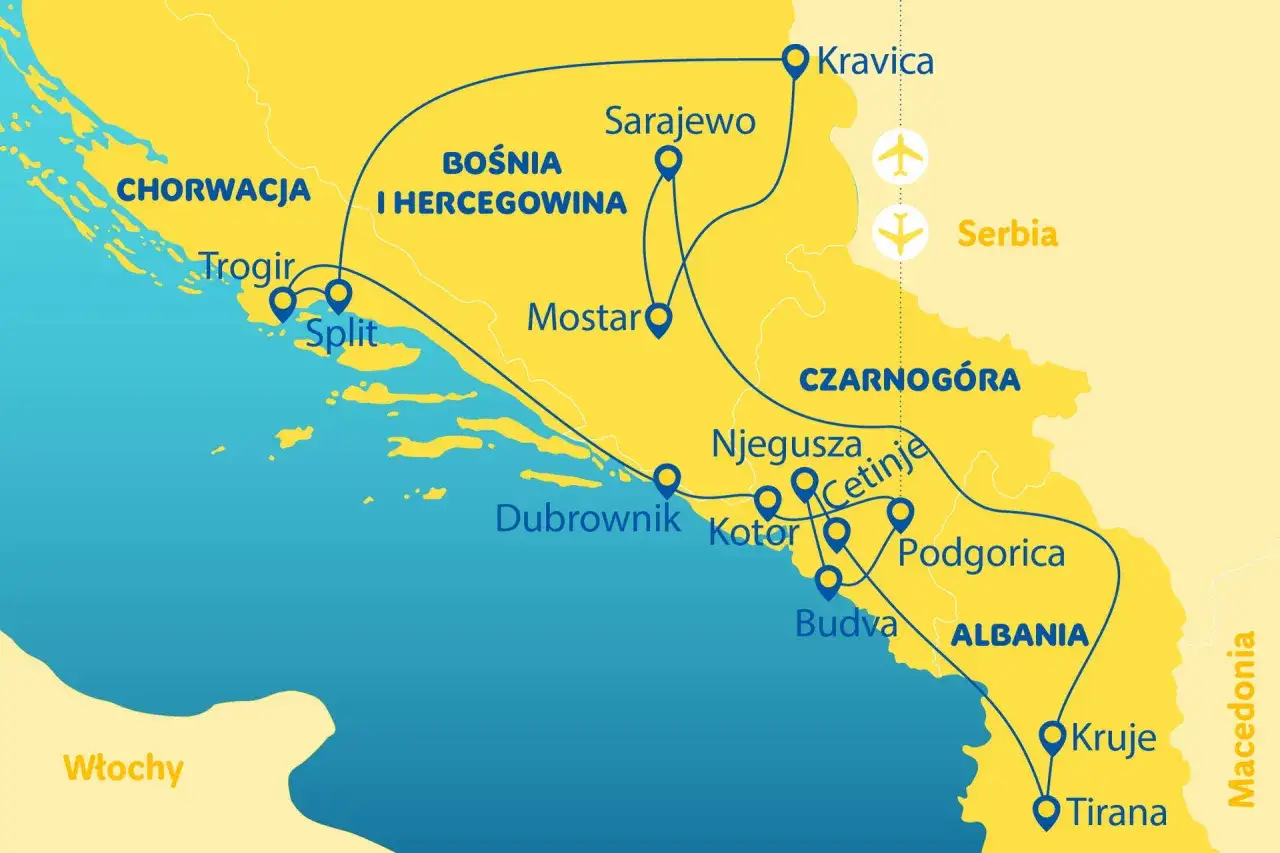 Mapa turystyczna Bałkanów z zaznaczonymi miastami Chorwacji, Bośni i Hercegowiny, Czarnogóry, Albanii i Macedonii. Planujesz bezpośrednie loty do Czarnogóry?