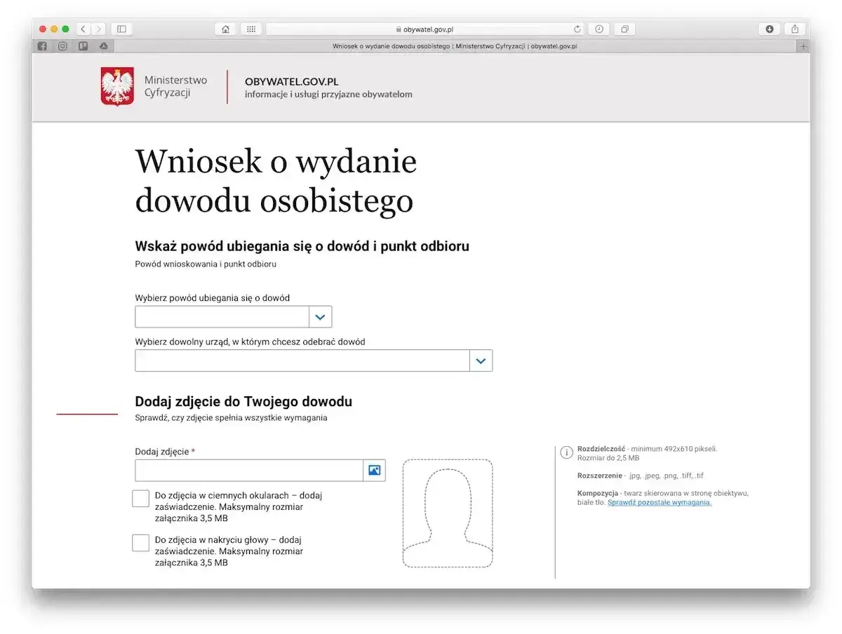 Wniosek o wydanie dowodu osobistego online. Formularz pozwala wybrać powód ubiegania się o dowód i urząd odbioru, a także dodać zdjęcie.