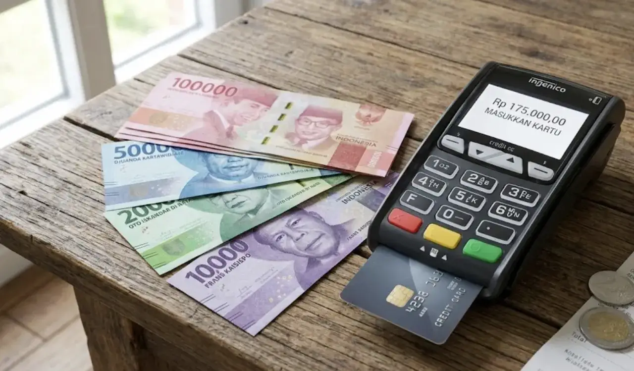 Indonezyjska waluta: banknoty 100 000, 50 000, 20 000 i 10 000 rupii obok terminala płatniczego.
