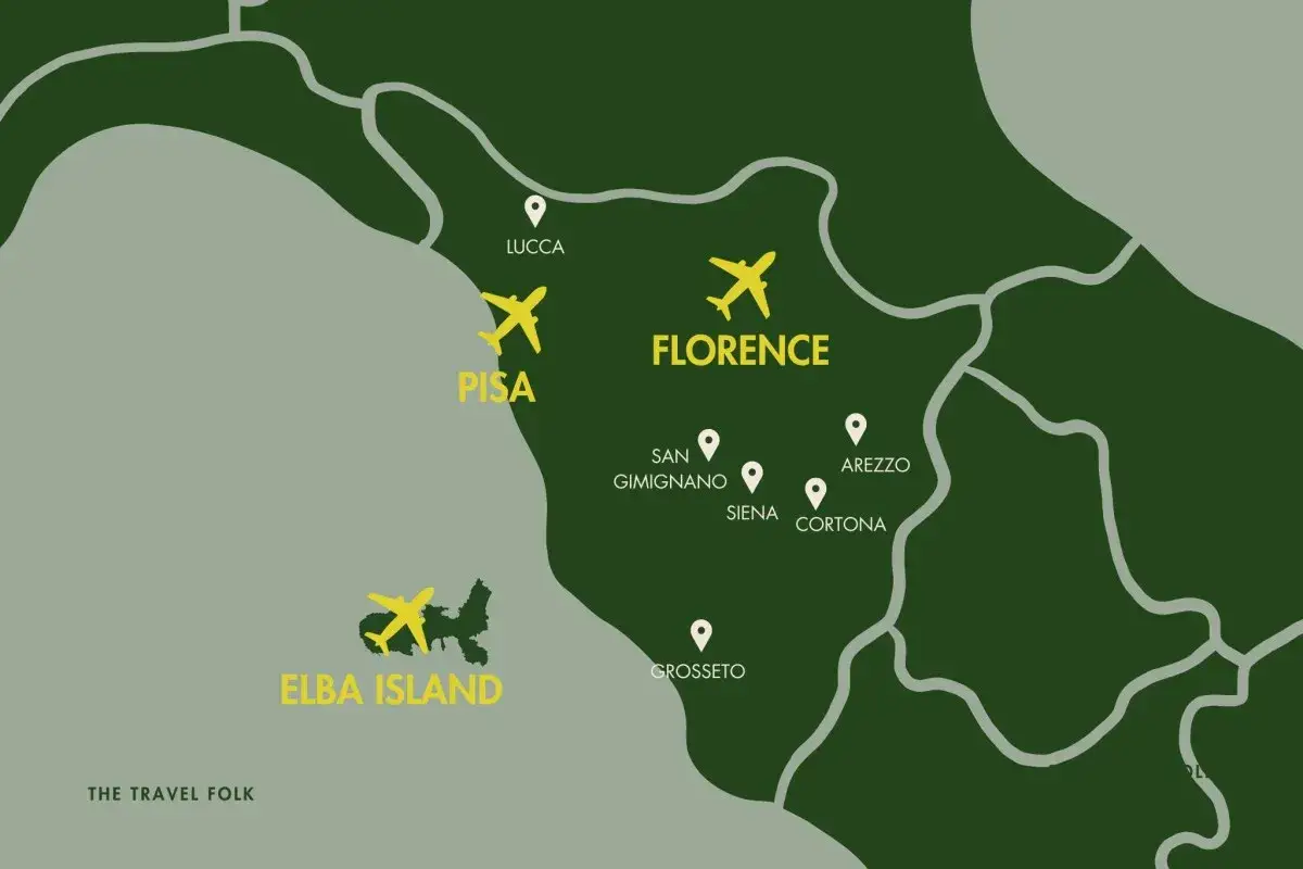 Mapa Toskanii z zaznaczonymi lotniskami w Pizie i Florencji, a także innymi miastami.