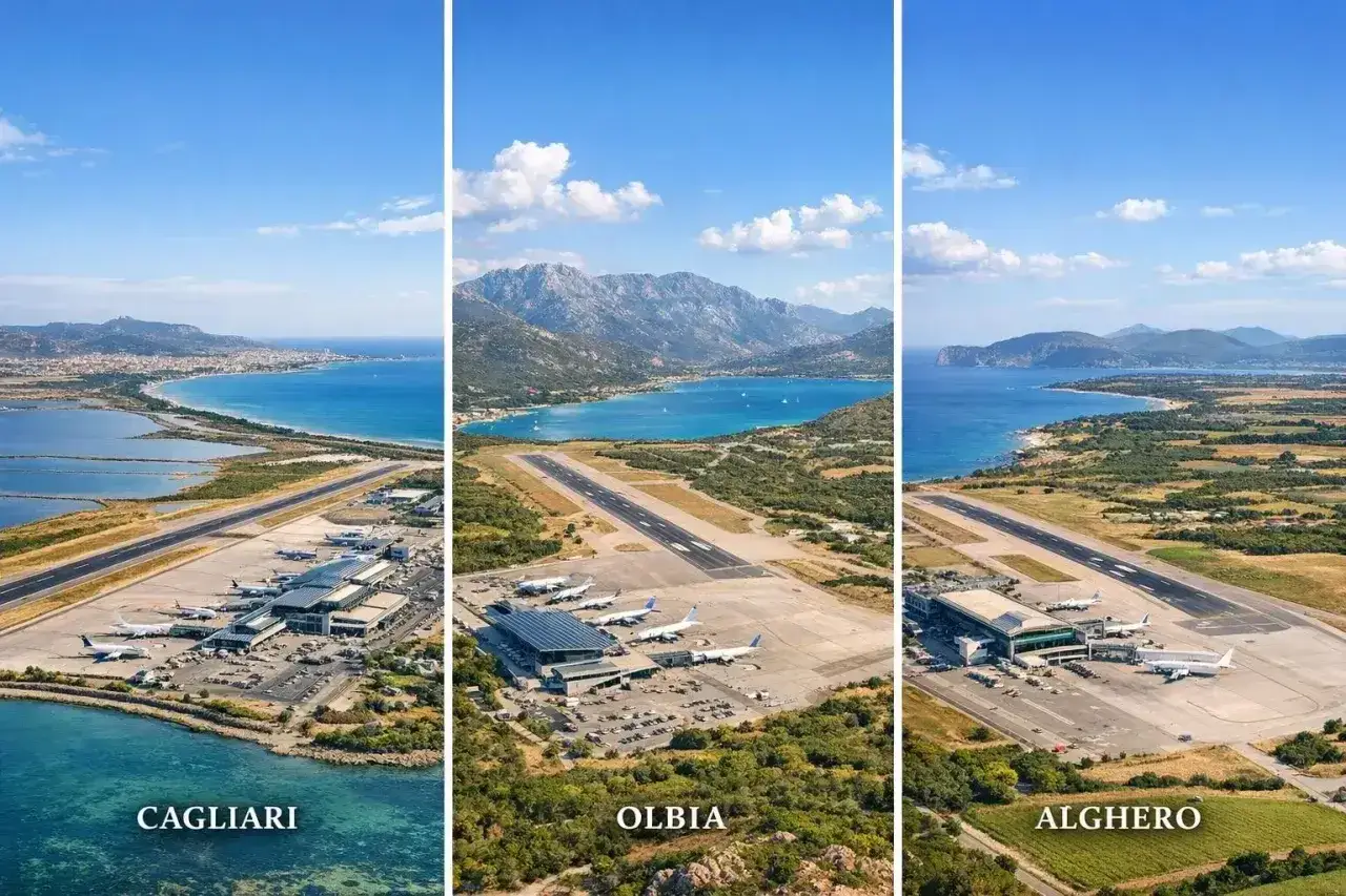 Trzy lotniska Sardynii: Cagliari, Olbia i Alghero, z widokiem na morze i góry.
