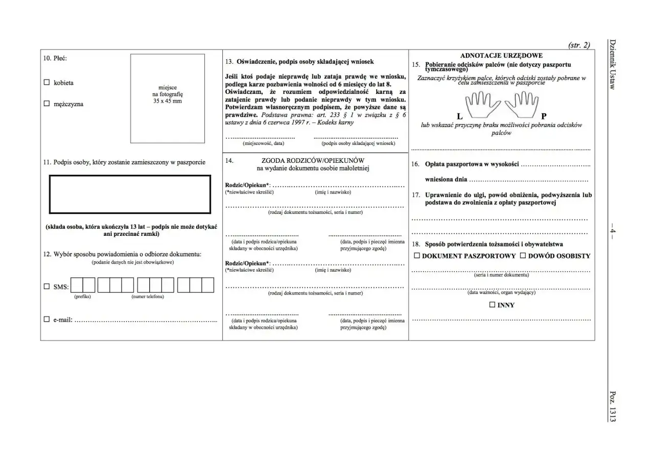 Formularz wniosku o paszport, sekcja dotycząca danych osobowych i zgody rodziców.