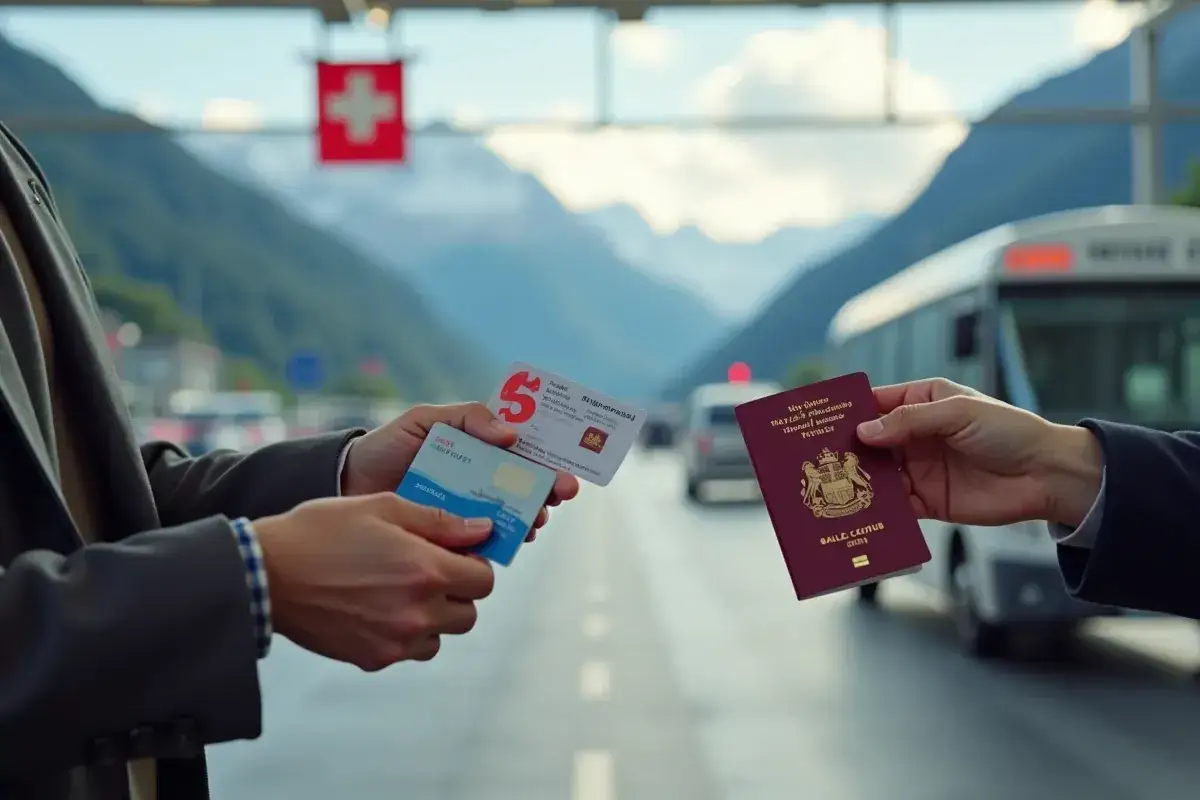 Przejście graniczne ze Szwajcarią, gdzie w tle widać flagę i góry. Osoba pokazuje paszport i karty, potwierdzając, czy Szwajcaria jest w Schengen.
