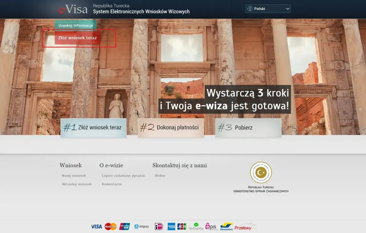 Strona systemu e-wiz dla Turcji. Złóż wniosek teraz, by dowiedzieć się, czy do Turcji potrzebna jest wiza.