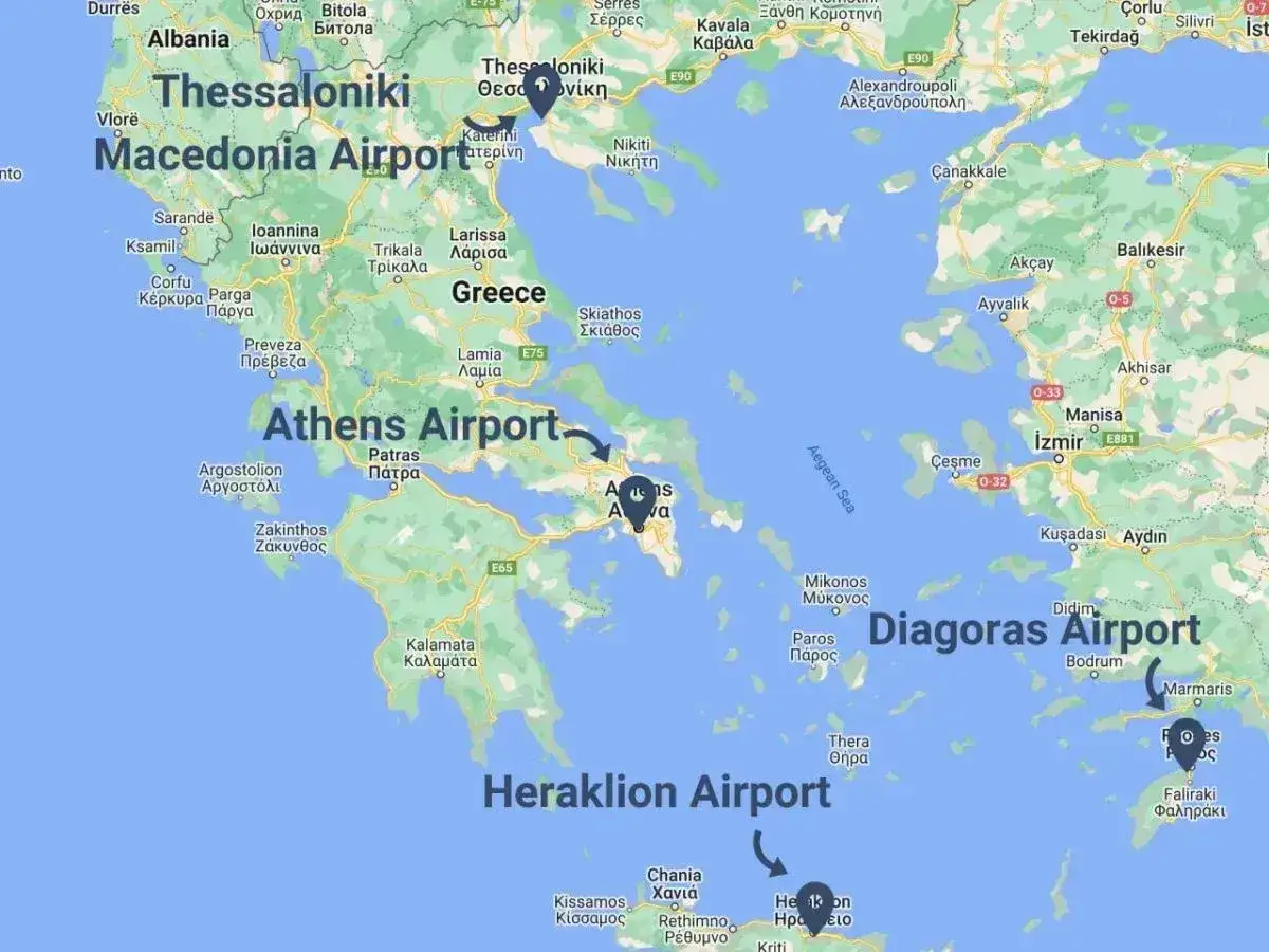 Lotnisko na Krecie, Heraklion Airport, zaznaczone na mapie Grecji obok Aten i Salonik.