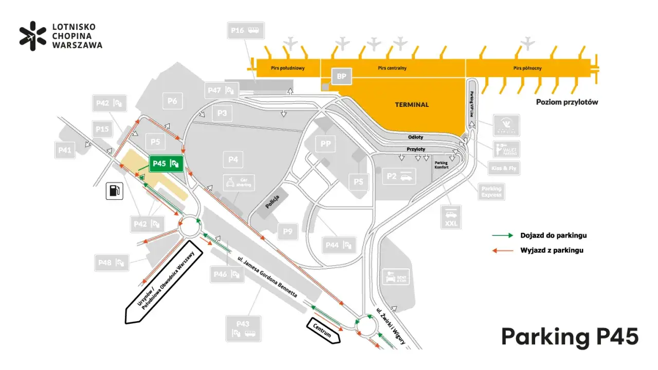 Mapa lotniska Chopina w Warszawie. Widać parking P45 z zaznaczonym dojazdem i wyjazdem.
