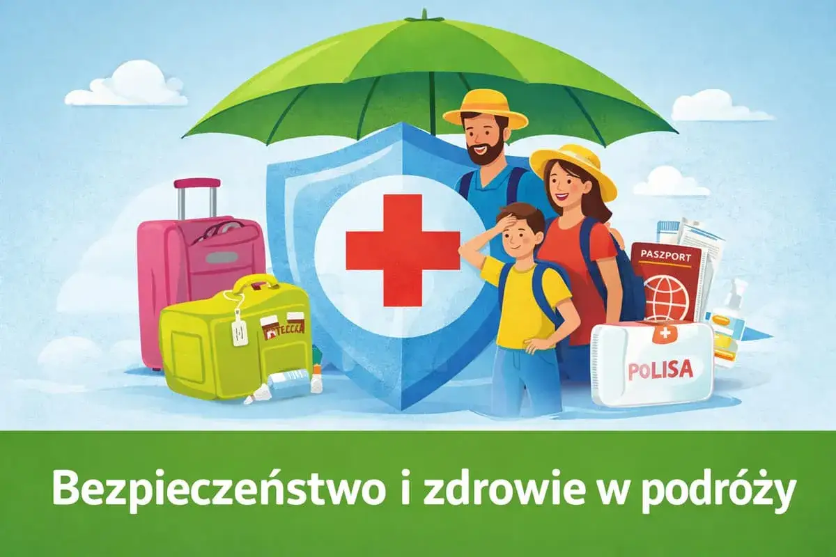 Rodzina pod parasolem, z bagażami i apteczką, symbolizuje, czy Polska jest bezpieczna dla podróżujących.