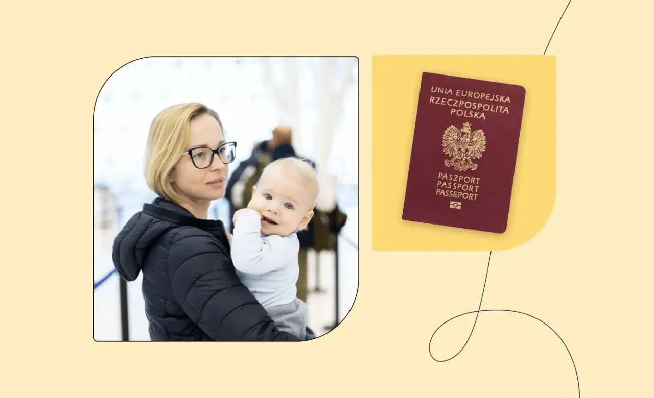 Mama z dzieckiem w ramionach i polski paszport dla dziecka.