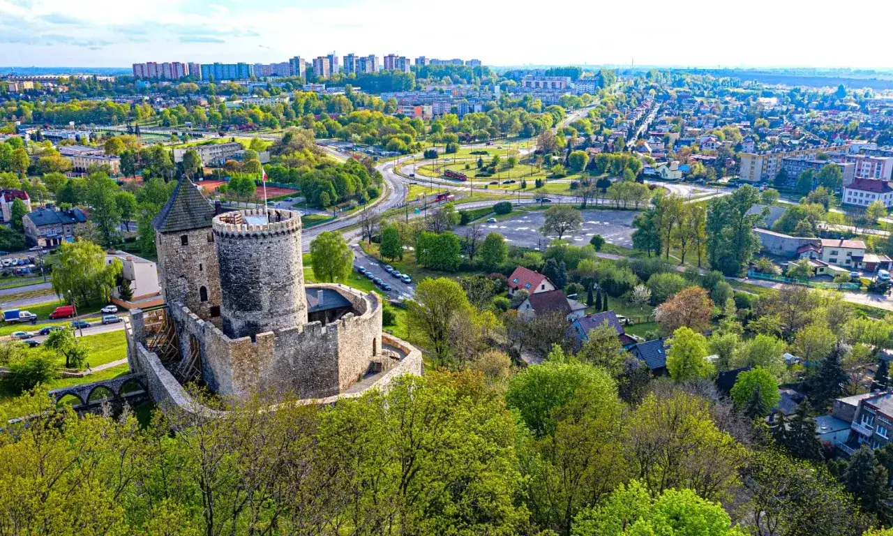 Kamienny zamek z wieżą góruje nad miastem, przypominając o historii zamków w Polsce. W tle widać zabudowania i zieleń.