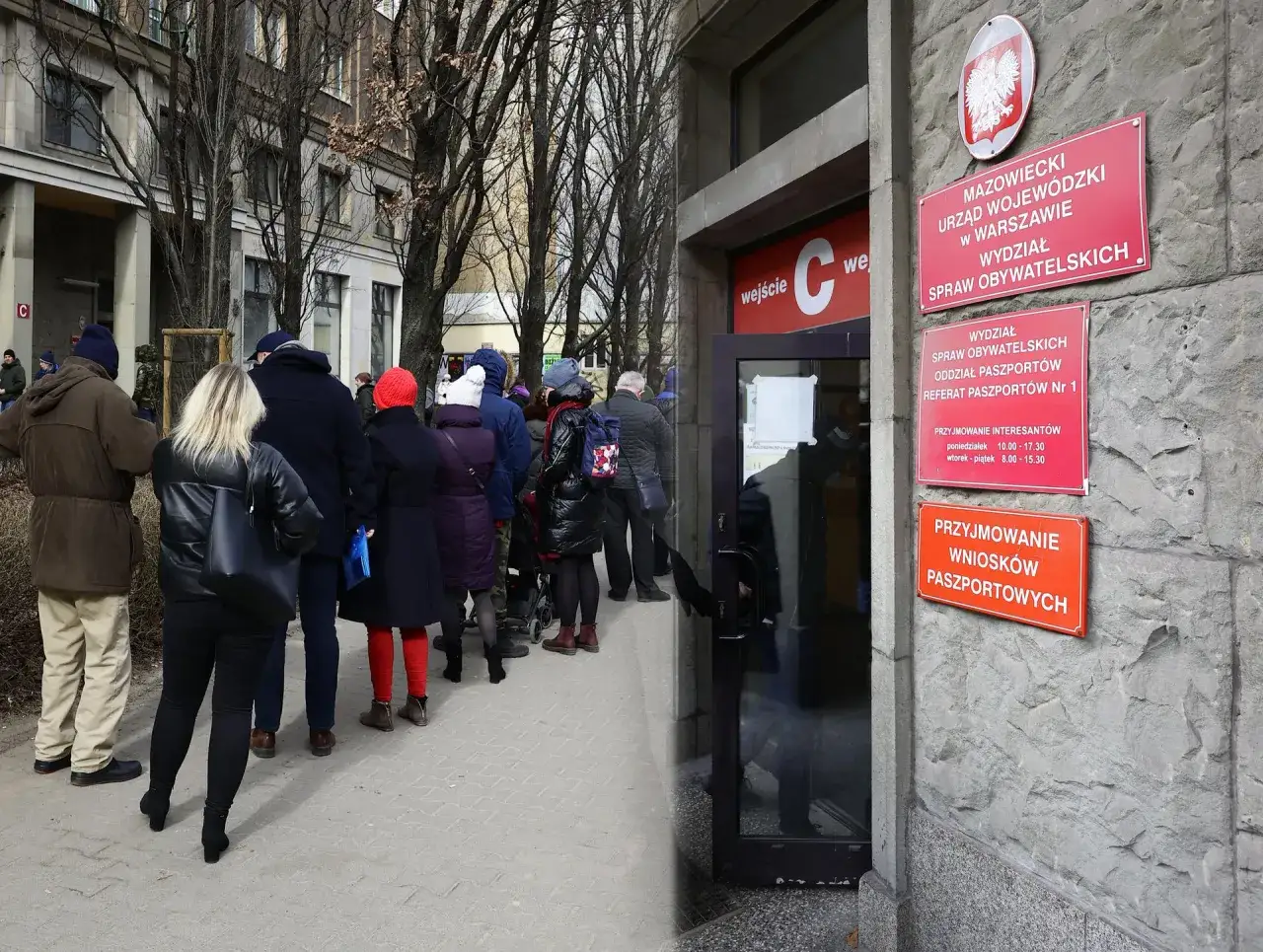 Kolejka ludzi przed budynkiem, gdzie złożyć wniosek o paszport. Na ścianie tablice informacyjne urzędu.