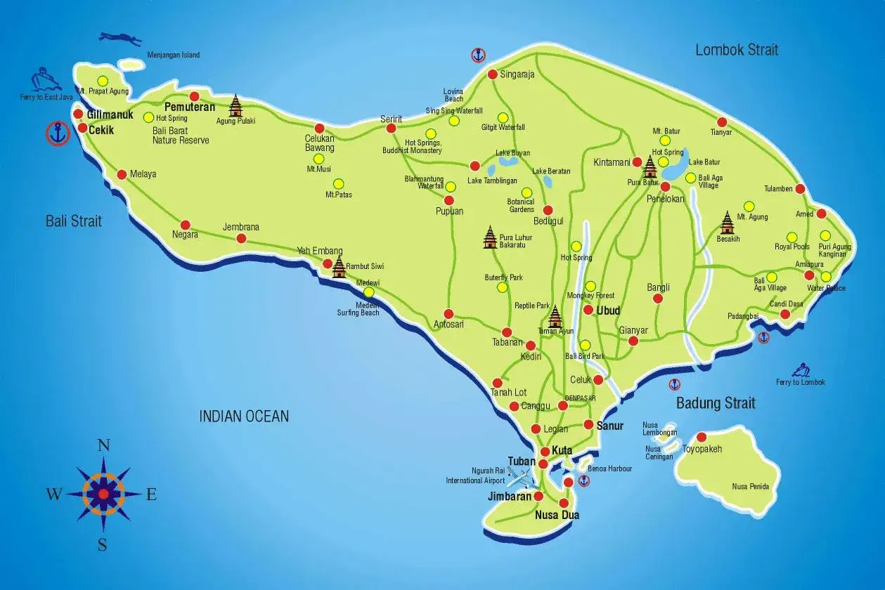Mapa Bali z zaznaczonymi atrakcjami. Czy na Bali jest drogo? Zależy od miejsca, np. Kuta i Ubud oferują różnorodne opcje.