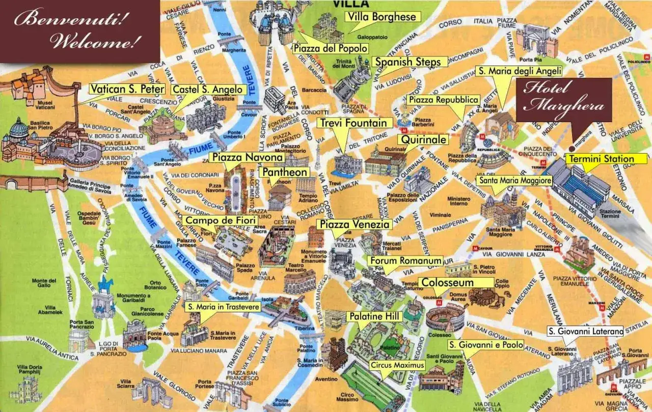 Mapa Rzymu z zaznaczonymi zabytkami, idealna na wyjazd do Rzymu. Widać Koloseum, Forum Romanum, Watykan i wiele innych.
