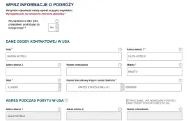 Formularz podróżny do USA. Wpisz dane kontaktowe, adres pobytu i informacje o podróży, aby uzyskać paszport USA.