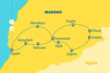 Mapa Maroko z trasą turystyczną: Agadir, Taroudant, Taliouine, Ouarzazate, Agdz, Zagora, Erfoud, Chebbi, Tinghir, Marrakesz. Dwa samoloty symbolizują lotniska.