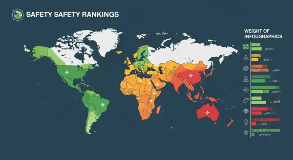 Mapa świata z kolorami wskazującymi poziom bezpieczeństwa. Czerwone obszary oznaczają najniebezpieczniejsze kraje świata.