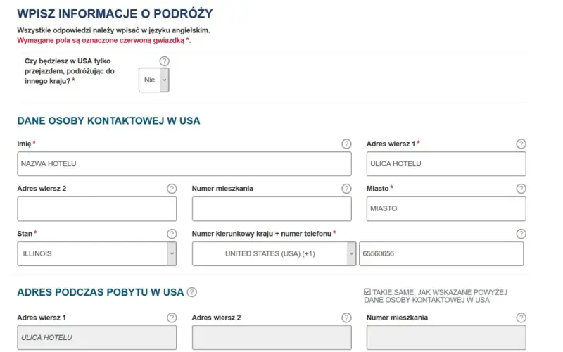 Formularz podróżny do USA. Wpisz dane kontaktowe, adres pobytu i informacje o podróży, aby uzyskać paszport USA.